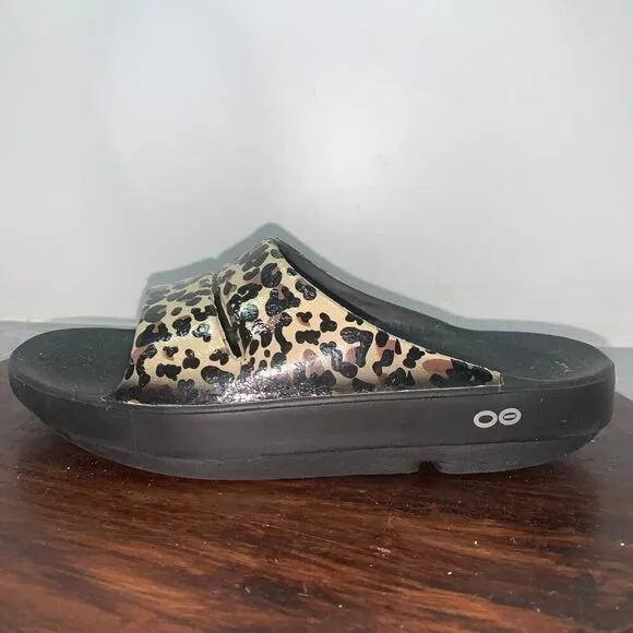 OOFOS OOahh Limited Women’s Size 7 Slide Sandal Multicolor Leopard Print Comfort