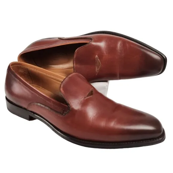 Paul Fredrick Italy Men's 9 Burnished Brown Leather Dress Shoes Venetian Loafers