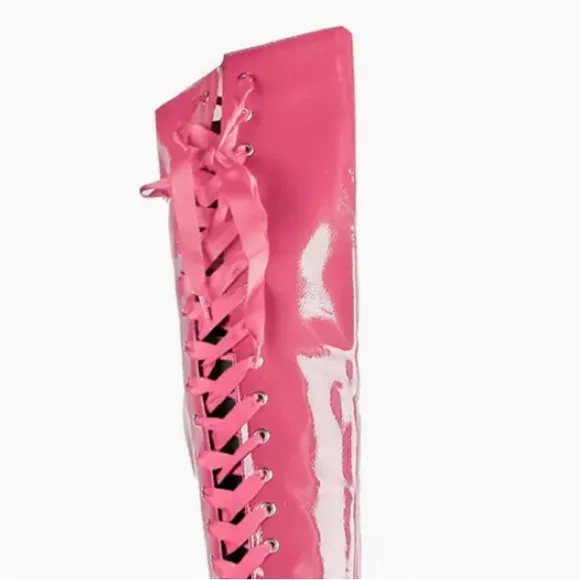 Pink Heeled Boots with Lace-Up Design
