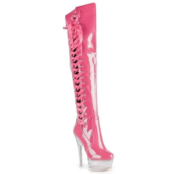 Pink Heeled Boots with Lace-Up Design