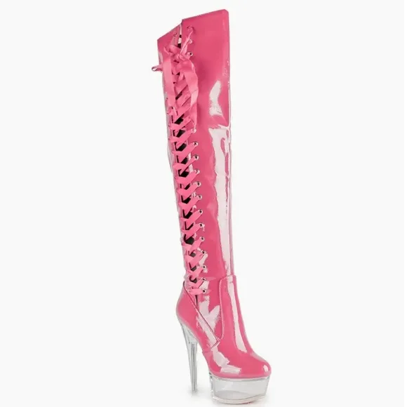 Pink Heeled Boots with Lace-Up Design