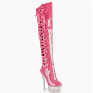 Pink Heeled Boots with Lace-Up Design