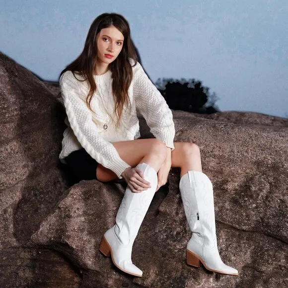 Platikly  Cowboy Boots Women White Polyurethane (PU) Wide Calf Rhinestone Boots