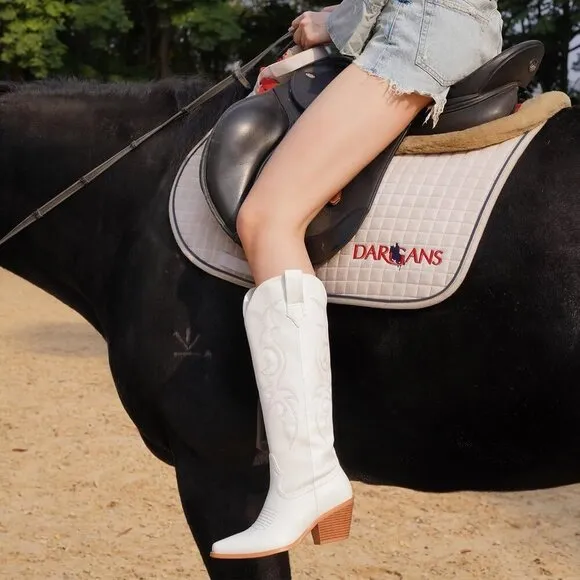 Platikly  Cowboy Boots Women White Polyurethane (PU) Wide Calf Rhinestone Boots