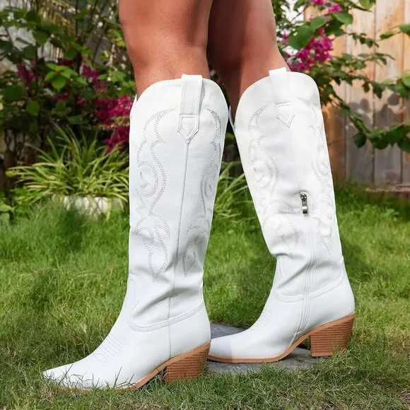 Platikly  Cowboy Boots Women White Polyurethane (PU) Wide Calf Rhinestone Boots