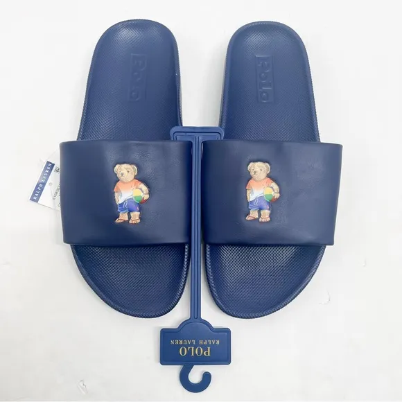 Polo Ralph Lauren Cayson Navy CP-93 Beach Ball Bear Slides Sandals Flip Flop