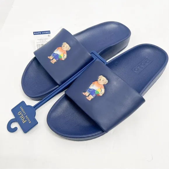 Polo Ralph Lauren Cayson Navy CP-93 Beach Ball Bear Slides Sandals Flip Flop