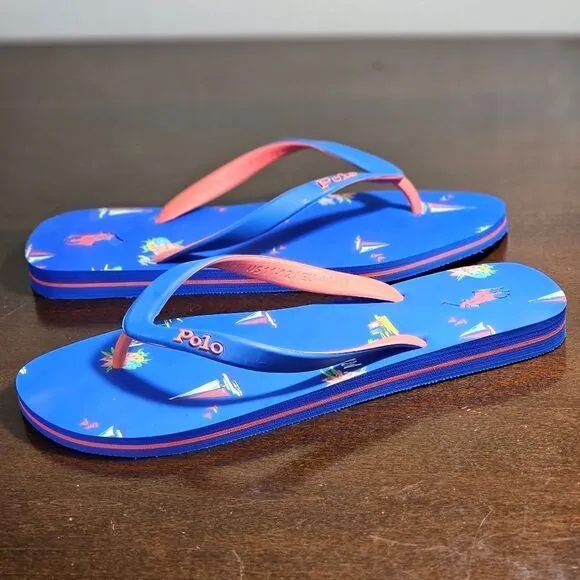 Polo Ralph Lauren Thong Sandals Men's Size 11 Blue Red Beach Ship Vacation New