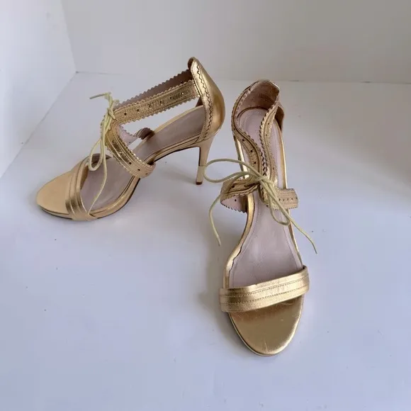 Pour La Victoire Shanna Gold Leather Dress Open Toe Heels Size 8.5