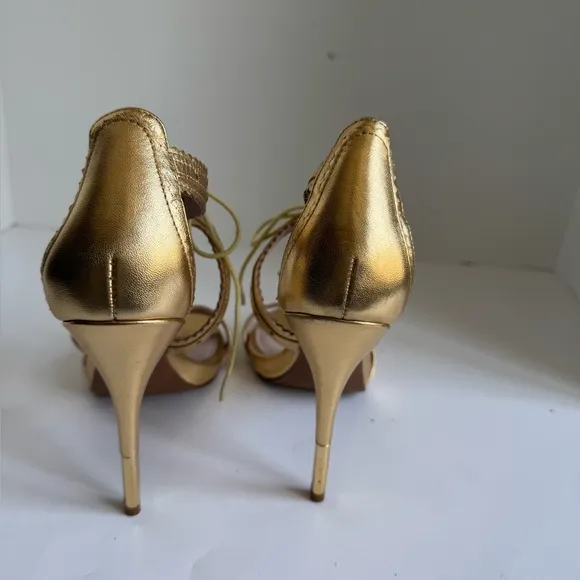 Pour La Victoire Shanna Gold Leather Dress Open Toe Heels Size 8.5