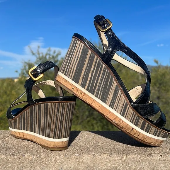 Prada Black Leather Platform Ankle Strap Wedge Sandals EU 38