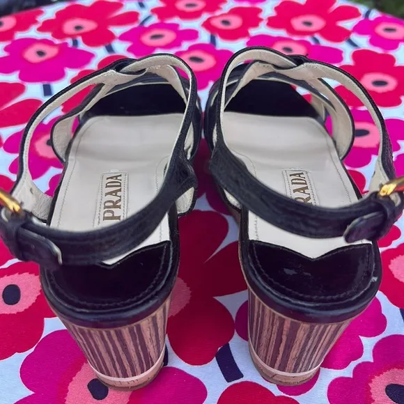 Prada Black Leather Platform Ankle Strap Wedge Sandals EU 38