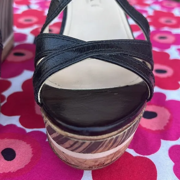 Prada Black Leather Platform Ankle Strap Wedge Sandals EU 38