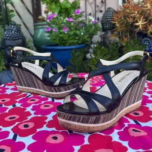 Prada Black Leather Platform Ankle Strap Wedge Sandals EU 38