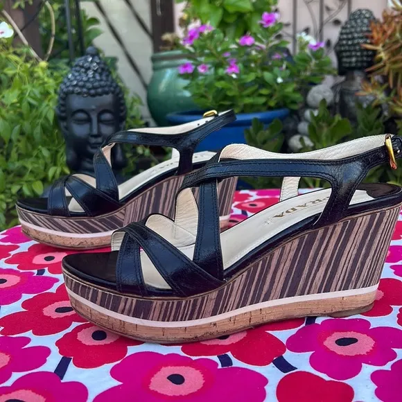 Prada Black Leather Platform Ankle Strap Wedge Sandals EU 38