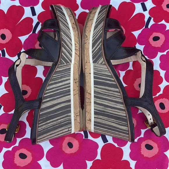 Prada Black Leather Platform Ankle Strap Wedge Sandals EU 38
