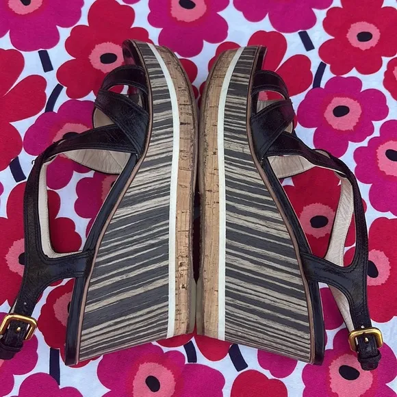 Prada Black Leather Platform Ankle Strap Wedge Sandals EU 38