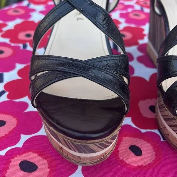 Prada Black Leather Platform Ankle Strap Wedge Sandals EU 38