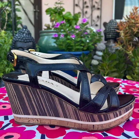 Prada Black Leather Platform Ankle Strap Wedge Sandals EU 38