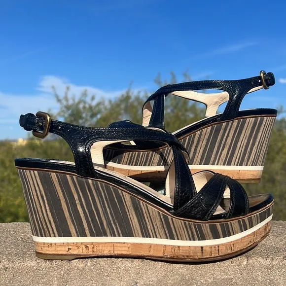 Prada Black Leather Platform Ankle Strap Wedge Sandals EU 38