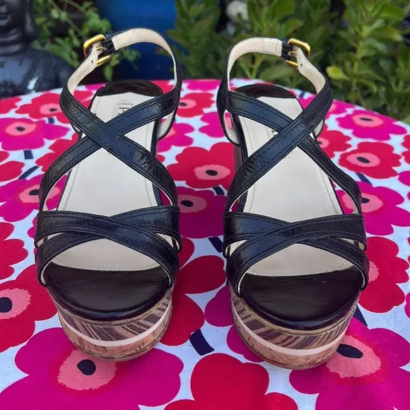 Prada Black Leather Platform Ankle Strap Wedge Sandals EU 38