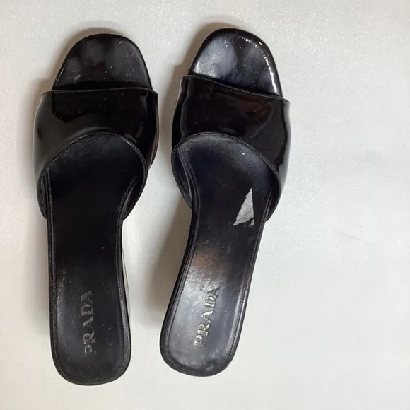 Prada Black Patent Cork Wedge Sandal Size EU 37