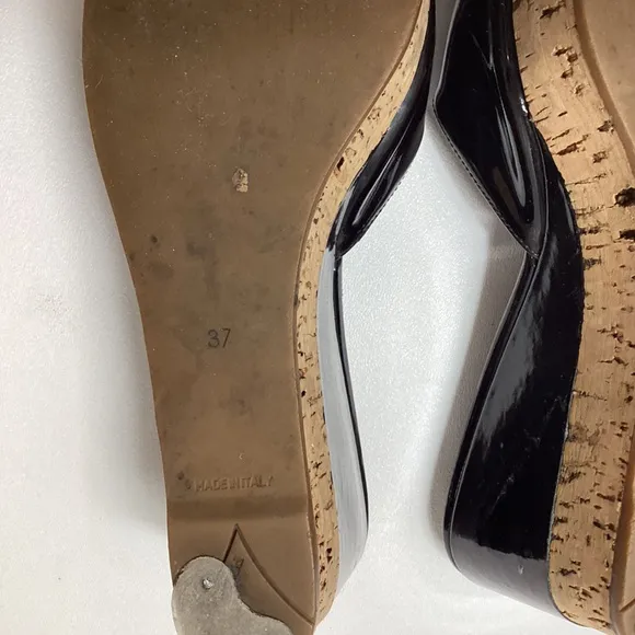 Prada Black Patent Cork Wedge Sandal Size EU 37