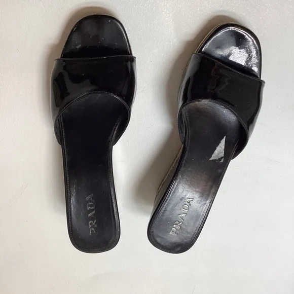 Prada Black Patent Cork Wedge Sandal Size EU 37