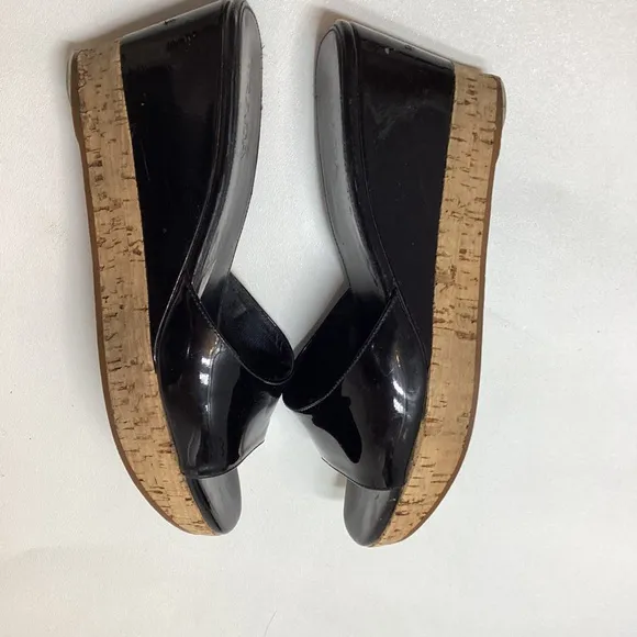 Prada Black Patent Cork Wedge Sandal Size EU 37