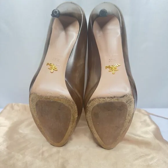 PRADA Womens High Heel Shoes Stiletto Pumps Brown Leather Size 7.5 / 37.5