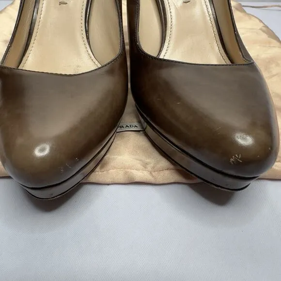 PRADA Womens High Heel Shoes Stiletto Pumps Brown Leather Size 7.5 / 37.5