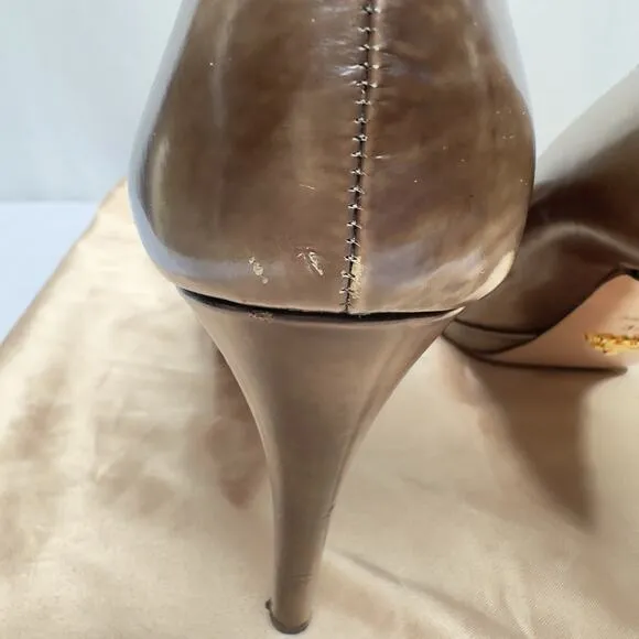PRADA Womens High Heel Shoes Stiletto Pumps Brown Leather Size 7.5 / 37.5