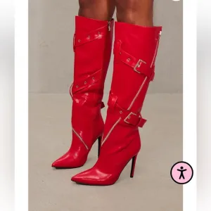 Pretty little thing RED PU POINT TOE DOUBLE BUCKLE KNEE HIGH HEELED BOOTS