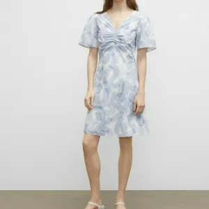 Printed Ruched Front Dress - New With Tags - NEVER WORN - White/Blue Multi