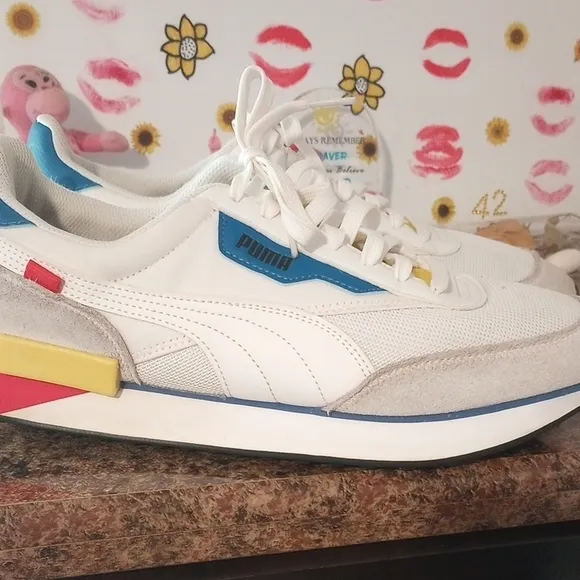 Puma White and Blue Athletic Shoes with Retro Design