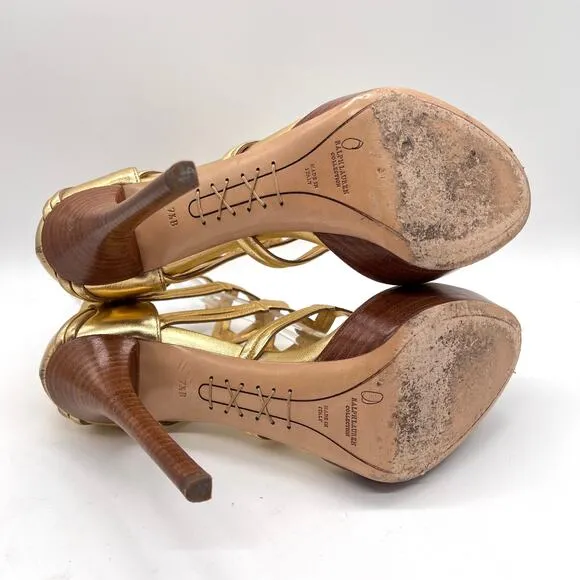RALPH LAUREN Collection Heeled Sandal Women 7.5 Gold Gladiator Platform Shoes