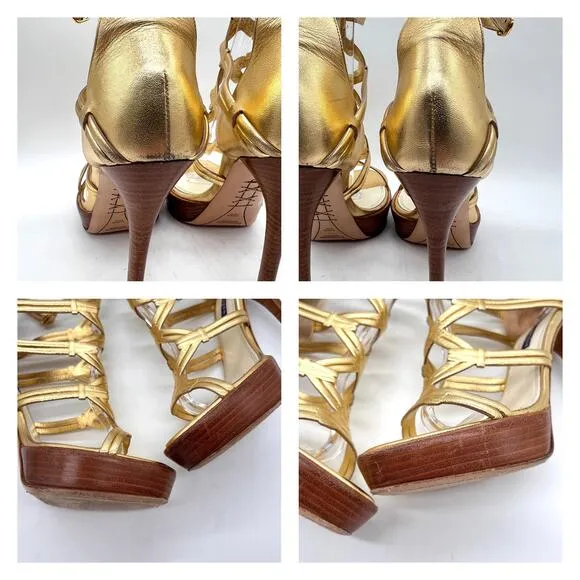 RALPH LAUREN Collection Heeled Sandal Women 7.5 Gold Gladiator Platform Shoes