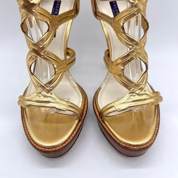 RALPH LAUREN Collection Heeled Sandal Women 7.5 Gold Gladiator Platform Shoes