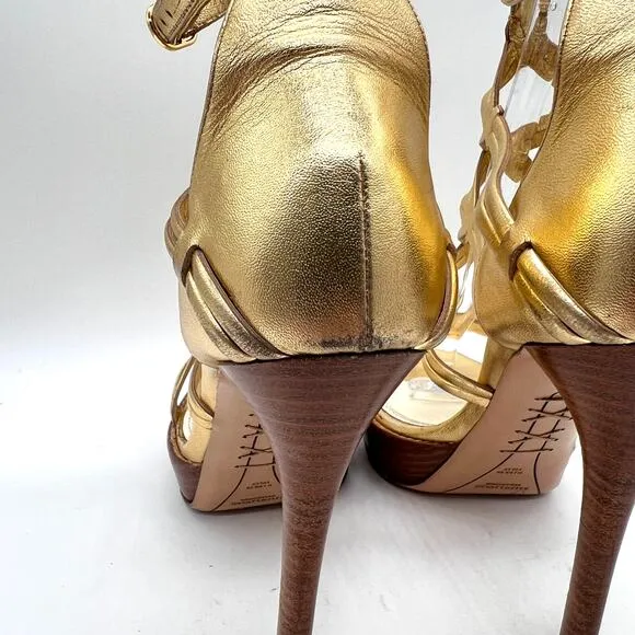 RALPH LAUREN Collection Heeled Sandal Women 7.5 Gold Gladiator Platform Shoes