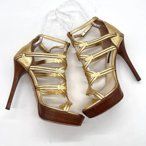 RALPH LAUREN Collection Heeled Sandal Women 7.5 Gold Gladiator Platform Shoes