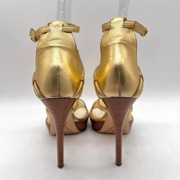 RALPH LAUREN Collection Heeled Sandal Women 7.5 Gold Gladiator Platform Shoes