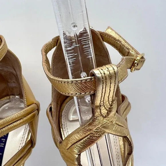 RALPH LAUREN Collection Heeled Sandal Women 7.5 Gold Gladiator Platform Shoes