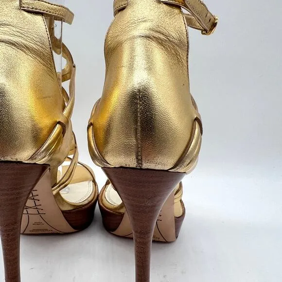 RALPH LAUREN Collection Heeled Sandal Women 7.5 Gold Gladiator Platform Shoes