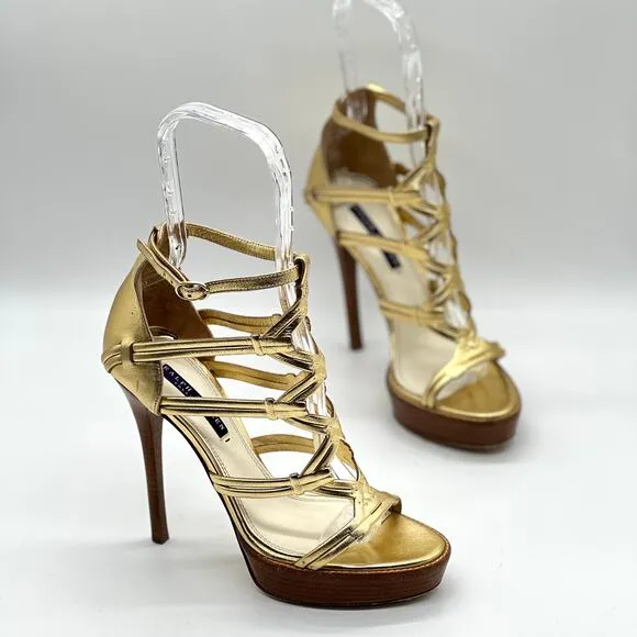 RALPH LAUREN Collection Heeled Sandal Women 7.5 Gold Gladiator Platform Shoes