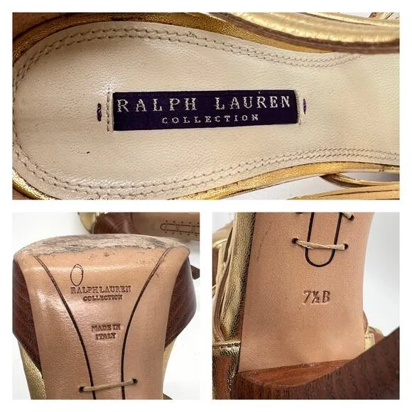 RALPH LAUREN Collection Heeled Sandal Women 7.5 Gold Gladiator Platform Shoes