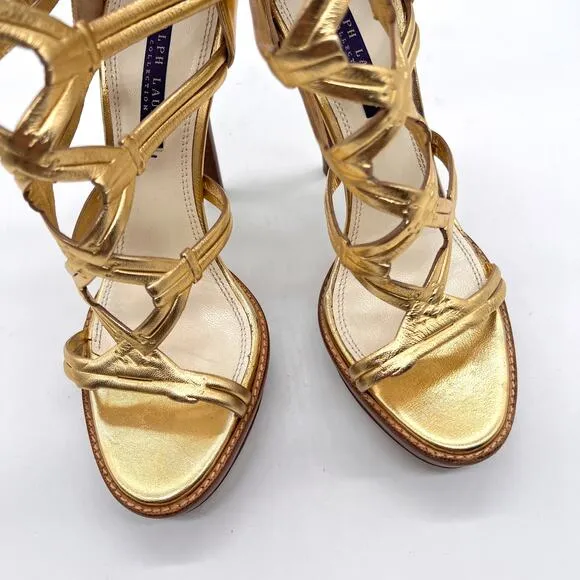 RALPH LAUREN Collection Heeled Sandal Women 7.5 Gold Gladiator Platform Shoes