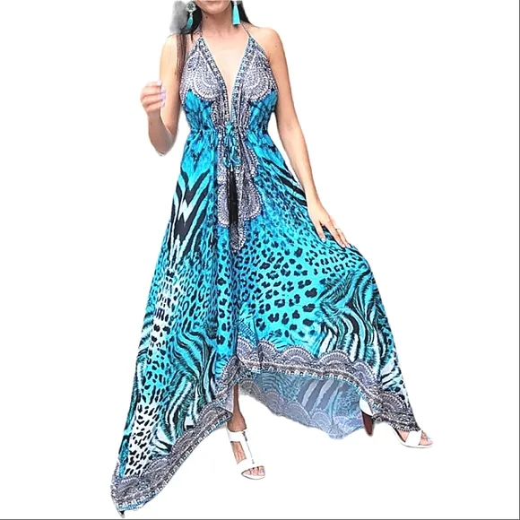 🌶RARE🌶 Women's Maxi High-Low Halter Handkerchief Summer Beach Party Sun Dress