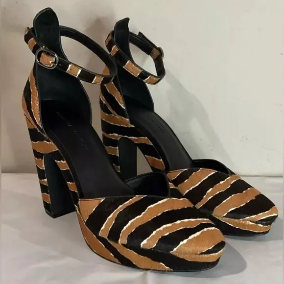 Rebecca Minkoff Tiger Platform Heels Cow Hair Black/Brown Shoes Sz 9.5 NWB