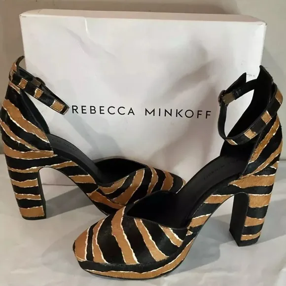 Rebecca Minkoff Tiger Platform Heels Cow Hair Black/Brown Shoes Sz 9.5 NWB