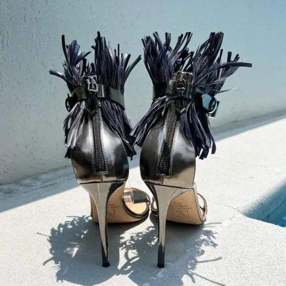 REED KRAKOFF Black Feather Embellished Leather Sandals Size IT36.5